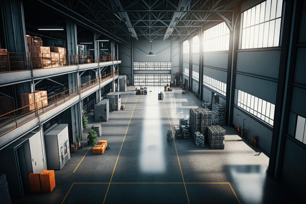 Interior of a large logistics warehouse.